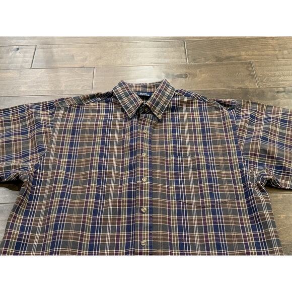 Vintage Bon Homme Mens Brown Blue Plaid Button Up Short Sleeve Shirt Size L - Picture 4 of 8